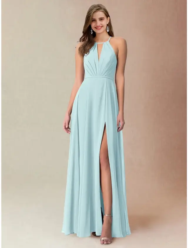 A-Line/Princess Halter Floor-length Long Bridesmaid Dresses — LV45144373