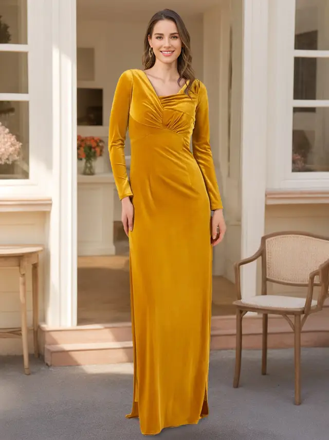 A-Line/Princess Long Sleeves Floor-Length Velvet Bridesmaid Dresses with Ruffles
