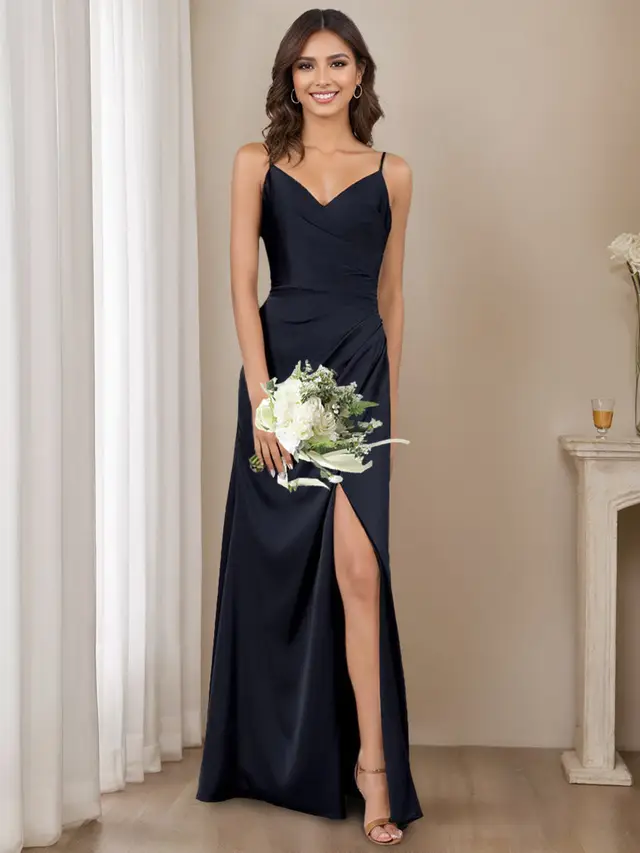 A-Line/Princess Spaghetti Straps Sleeveless Floor-Length Long Bridesmaid Dresses with Split Side