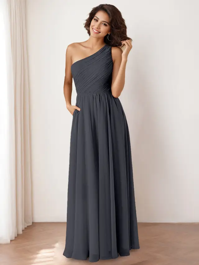 A-Line/Princess One-Shoulder Sleeveless Floor-Length Bridesmaid Dresses with Pocket & Ruffles
