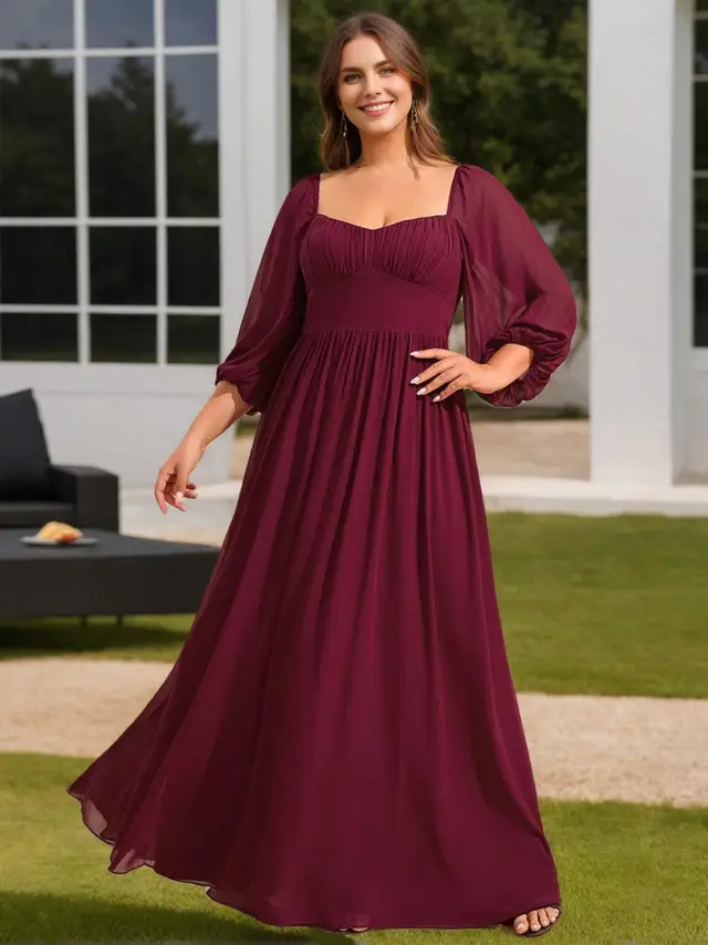 A-Line/Princess Sweetheart 3/4 Length Sleeves Floor-Length Plus Size Bridesmaid Dresses With Ruffles