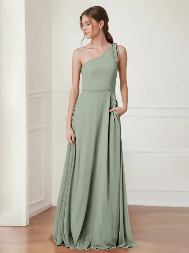 A-Line/Princess One-Shoulder Sleeveless Floor-Length Bridesmaid Dresses with Bowknot