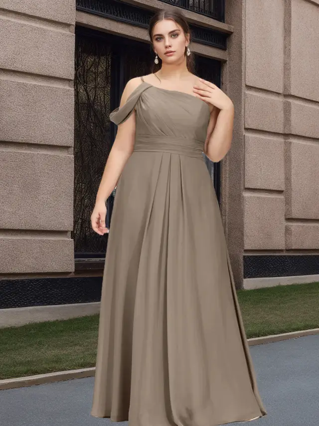A-Line/Princess Spaghetti Straps One-Shoulder Floor-Length Plus Size Bridesmaid Dresses with Ruffles