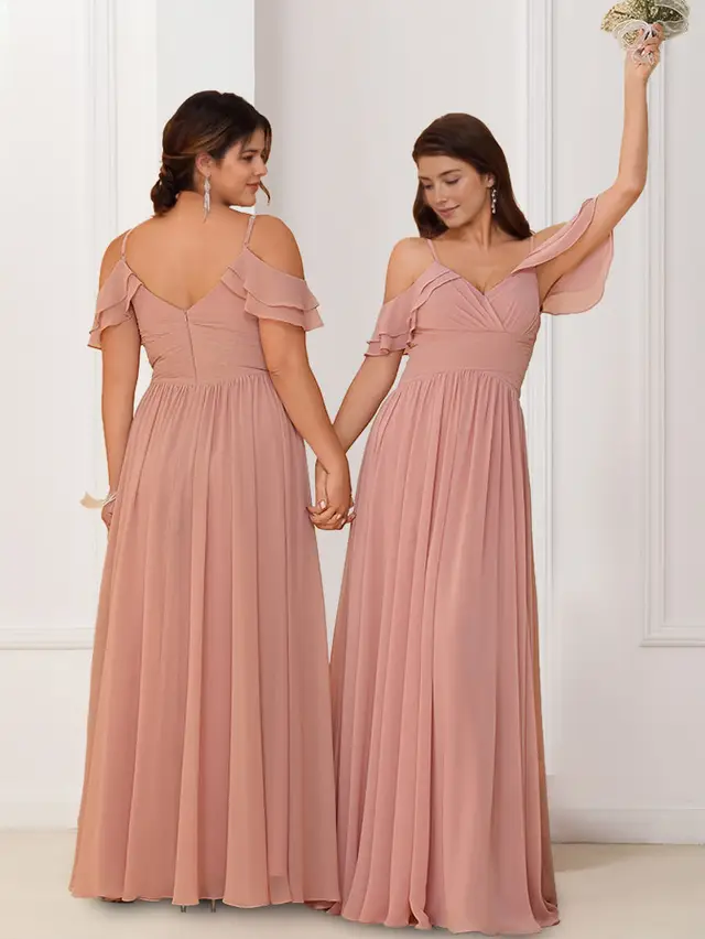 A-Line/Princess V-Neck Spaghetti Straps Sleeveless Floor-Length Chiffon Bridesmaid Dresses with Ruffles