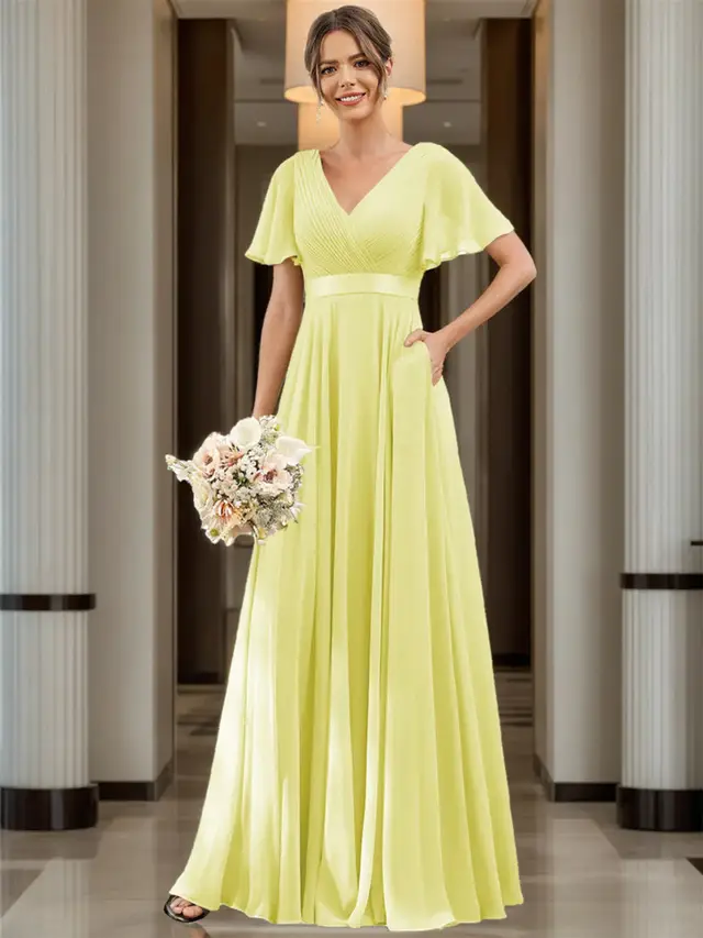 A-Line/Princess V Neck Flutter Sleeves Floor Length Bridesmaid Dresses Chiffon with Pockets Ruched