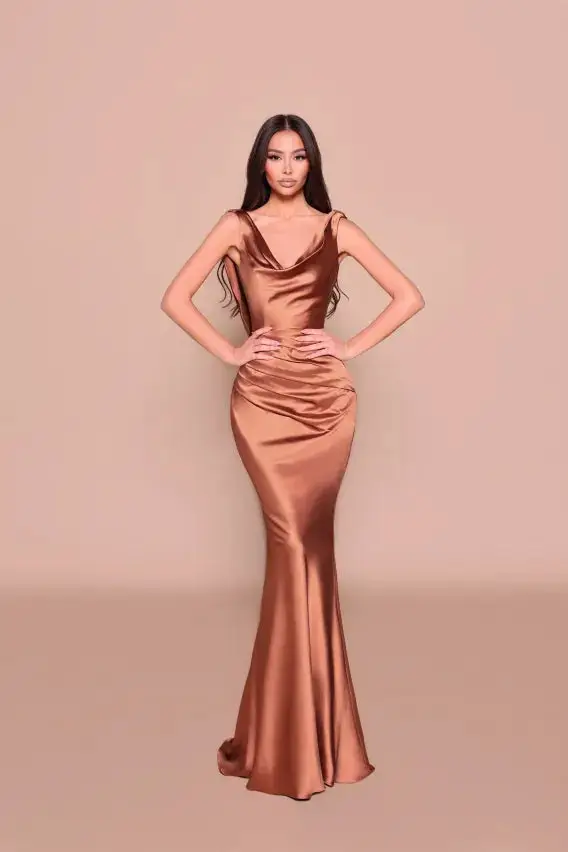 Women's Satin Bridesmaid Dress with Draped Design for Wedding Party