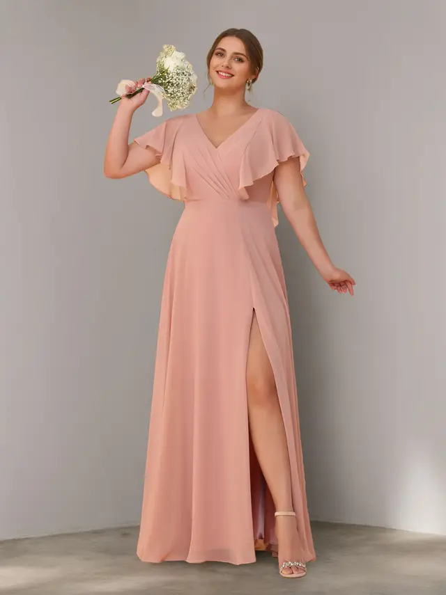 A-Line/Princess V-Neck Short Sleeves Chiffon Floor-Length Plus Size Bridesmaid Dresses with Split Side & Ruched