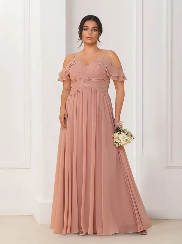 A-Line/Princess V-Neck Spaghetti Straps Sleeveless Floor-Length Chiffon Plus Size Bridesmaid Dresses with Ruffles