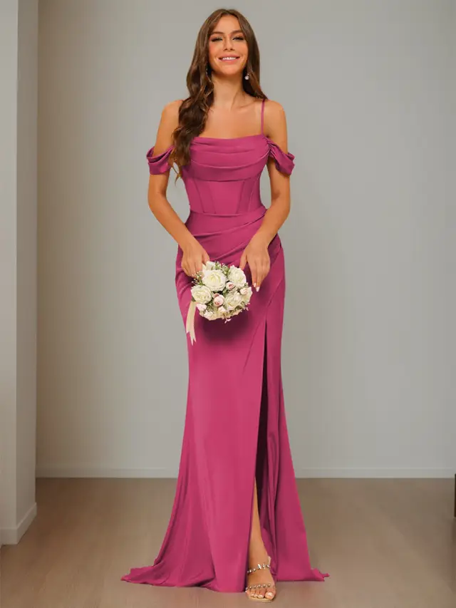 Mermaid/Trumpet Satin Off-the-Shoulder Sleeveless Floor-Length Bridesmaid Dresses