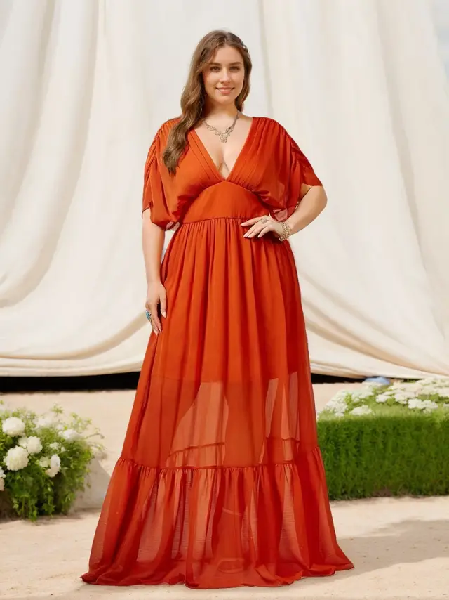 A-Line/Princess Deep V-Neck Half Sleeves Floor-Length Plus Size Bridesmaid Dresses with Ruffles
