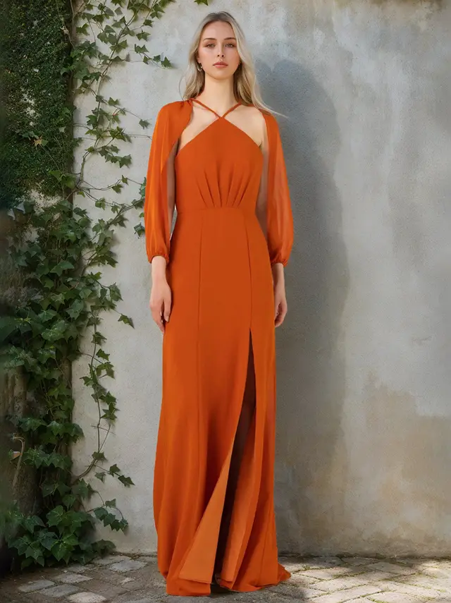 A-Line/Princess Halter Neck Long Sleeves Floor-Length Bridesmaid Dresses with Ruffles