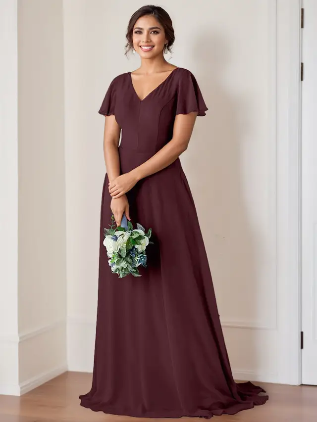 A-Line/Princess V-Neck Flutter Sleeves Floor-Length Bridesmaid Dresses with Ruching