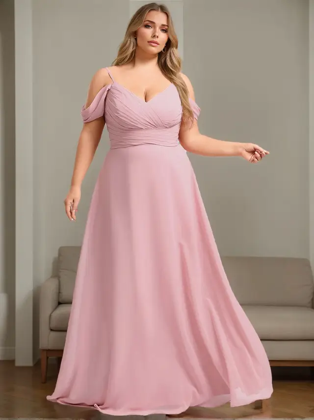 A-Line/Princess Spaghetti Straps Sleeveless Floor-Length Plus Size Long Bridesmaid Dresses with Ruffles