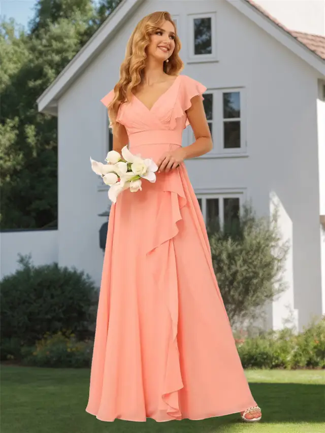 A-Line/Princess V Neck Short Sleeve Floor Length Bridesmaid Dresses With Ruffled Split