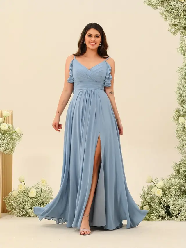 A-Line/Princess Spaghetti Straps Plus Size Ruched Long Bridesmaid Dresses with Split Side
