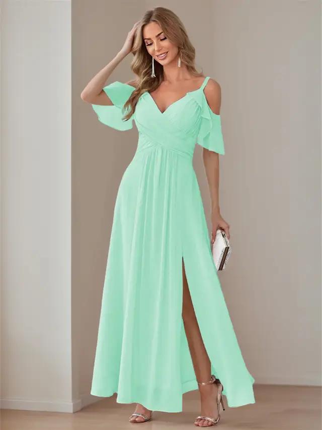 A-Line/Princess V Neck Short Sleeve Spaghetti Straps Ankle Length Bridesmaid Dresses Chiffon with Ruffles Bow(s)