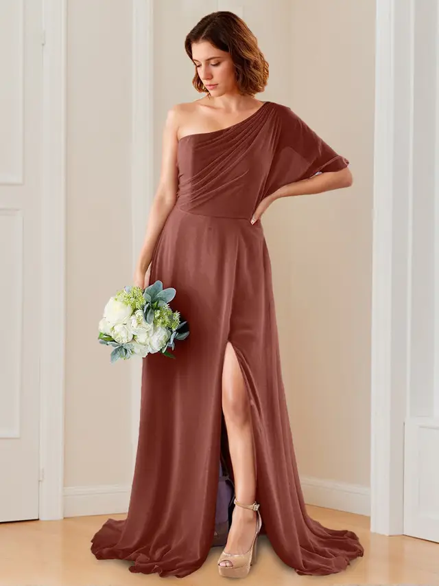 A-Line/Princess One-Shoulder Floor-Length Bridesmaid Dresses with Split Side