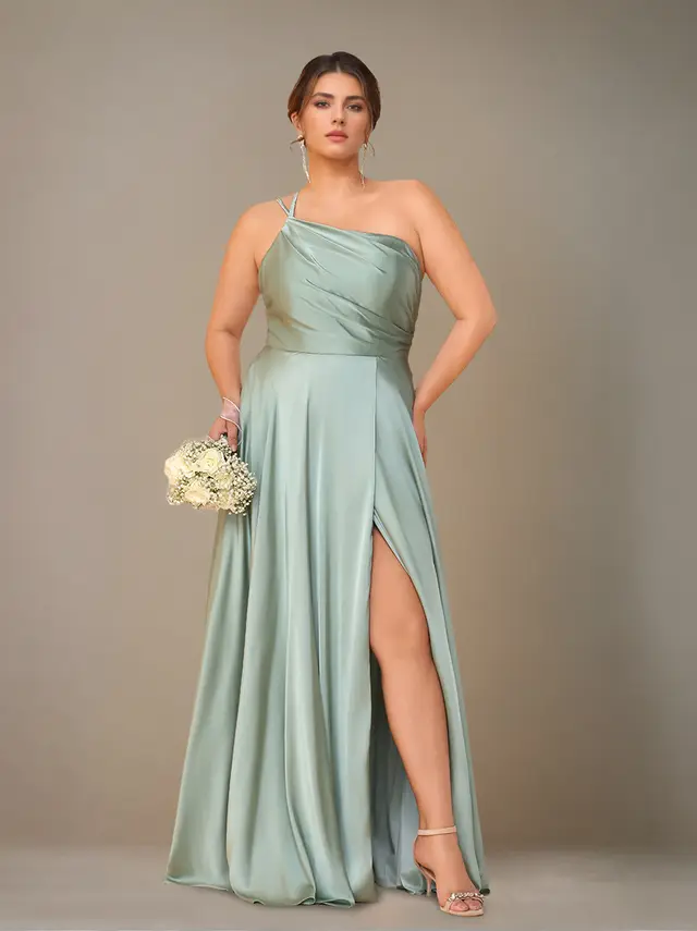 A-Line/Princess Spaghetti Straps Sleeveless Floor-Length Silk Satin Long Plus Size Bridesmaid Dresses with Ruched & Spli