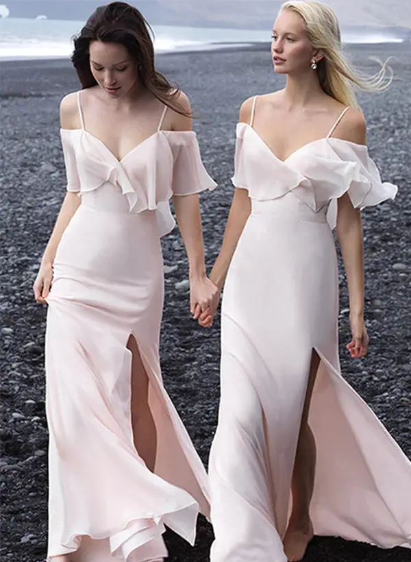 Sheath/Column Spaghetti Straps Floor-length Long Bridesmaid Dresses — LV04967477