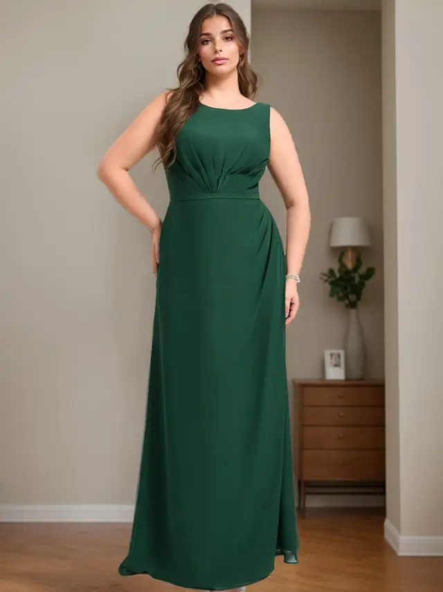 A-Line/Princess Boat Neck Sleeveless Floor-Length Plus Size Bridesmaid Dresses With Ruffles