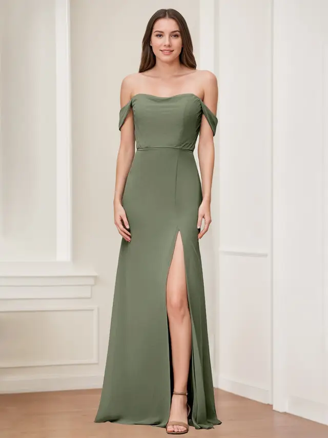 A-Line/Princess Off-the-Shoulder Sleeveless Floor-Length Long Bridesmaid Dresses with Split Side