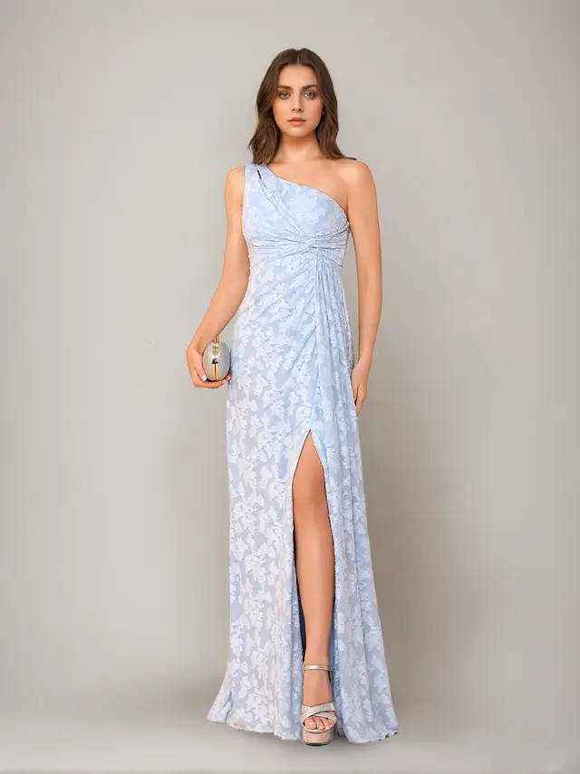 Sheath/Column One-Shoulder Sleeveless Floor-Length Bridesmaid Dresses with Split Side & Sash