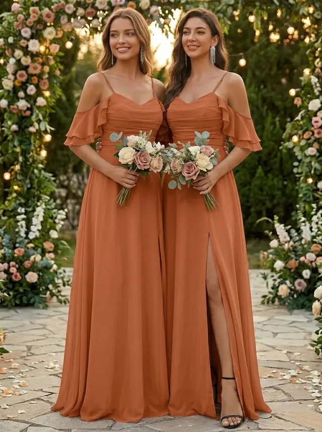 A-Line/Princess Spaghetti Straps Chiffon Bridesmaid Dresses with Split Side Short Sleeves Floor Length