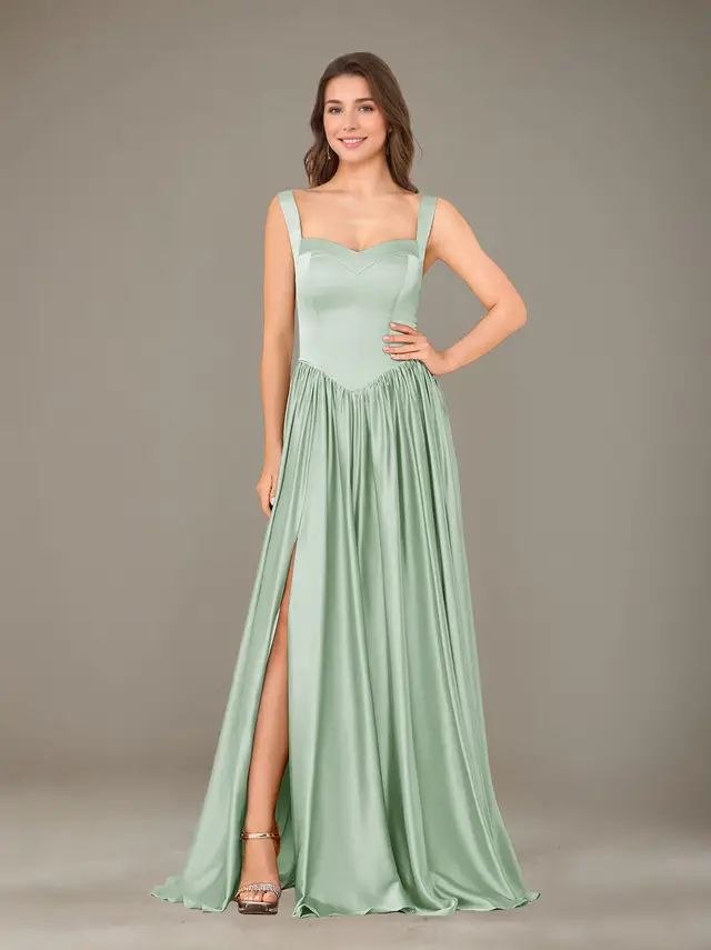 A-Line/Princess Sweetheart Sleeveless Floor-Length Silk Satin Bridesmaid Dresses with Pleated & Split Side