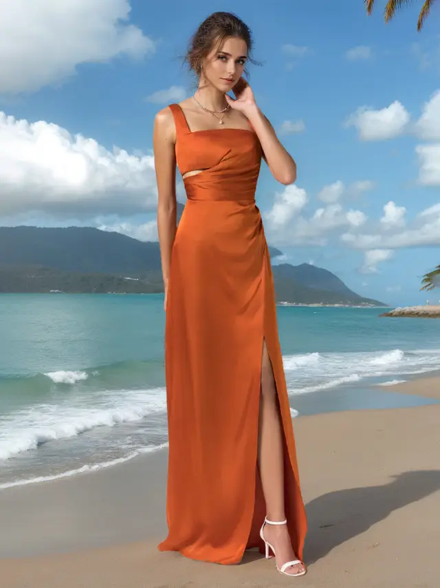 A-Line/Princess Square Neck Sleeveless Floor-Length Silk Satin Bridesmaid Dresses with Split Side