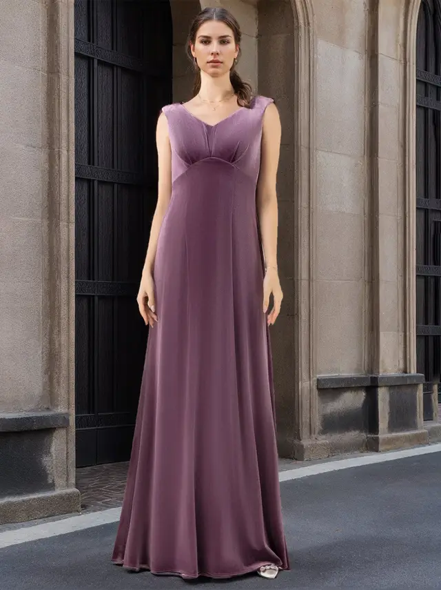 A-Line/Princess V-Neck Sleeveless Floor-Length Velvet Bridesmaid Dresses with Ruffles