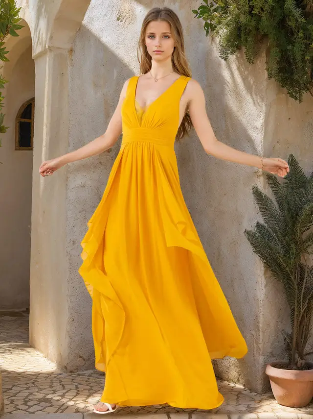 A-Line/Princess Deep V-Neck Sleeveless Floor-Length Chiffon Bridesmaid Dresses with Ruffles