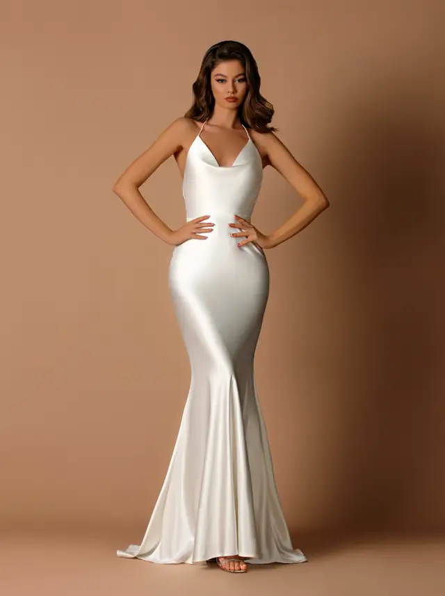 Women's Bridesmaid Dress with Draped Design and Open Back for Wedding Party