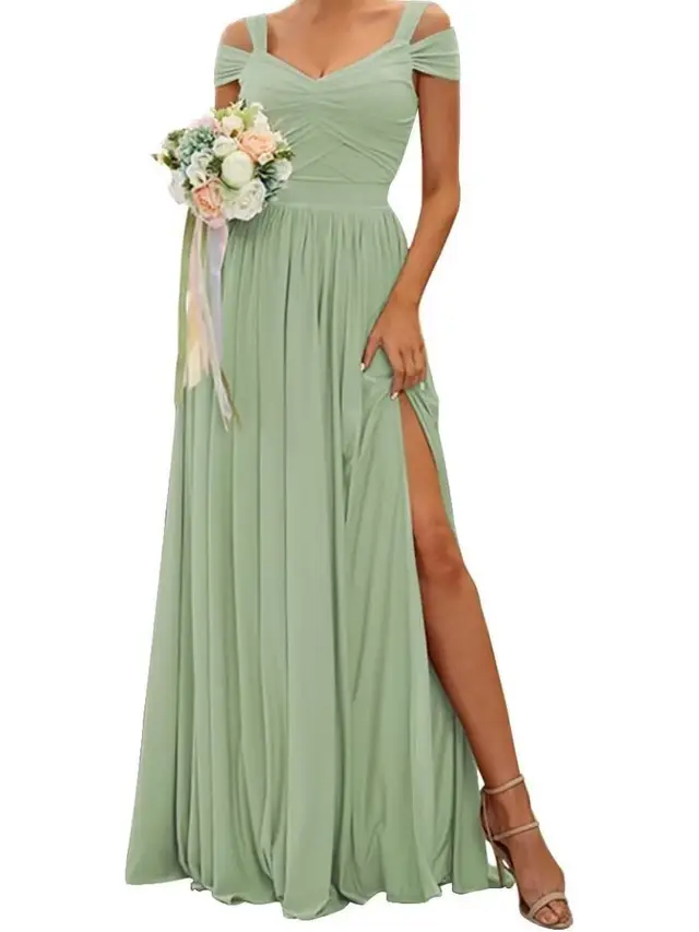 A-Line/Princess Off-the-Shoulder Floor-Length Bridesmaid Dresses with Slit