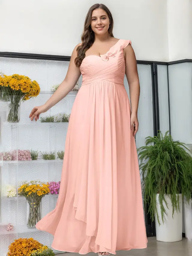 A-Line/Princess One-Shoulder Sleeveless Floor-Length Unique Plus Size Bridesmaid Dress With Ruffles — LV17442101