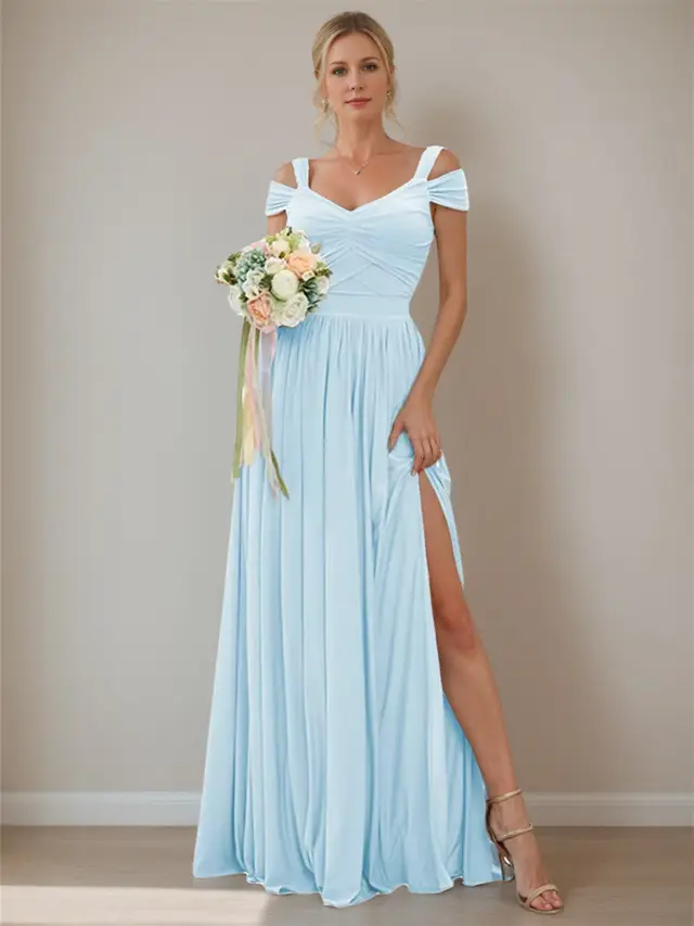 A-Line/Princess Off-the-shoulder Sleeveless Floor Length Bridesmaid Dresses Chiffon with Ruffles