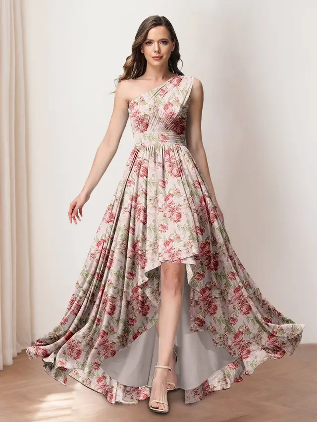 A-Line/Princess One-Shoulder Asymmetrical Printed Floral Bridesmaid Dresses with Ruffles