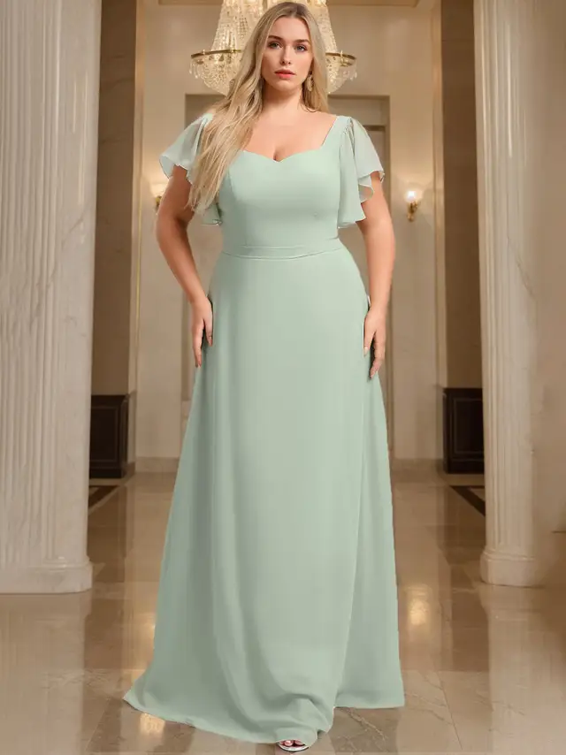 A-Line/Princess V-Neck Short Sleeves Floor-Length Chiffon Plus Size Bridesmaid Dresses