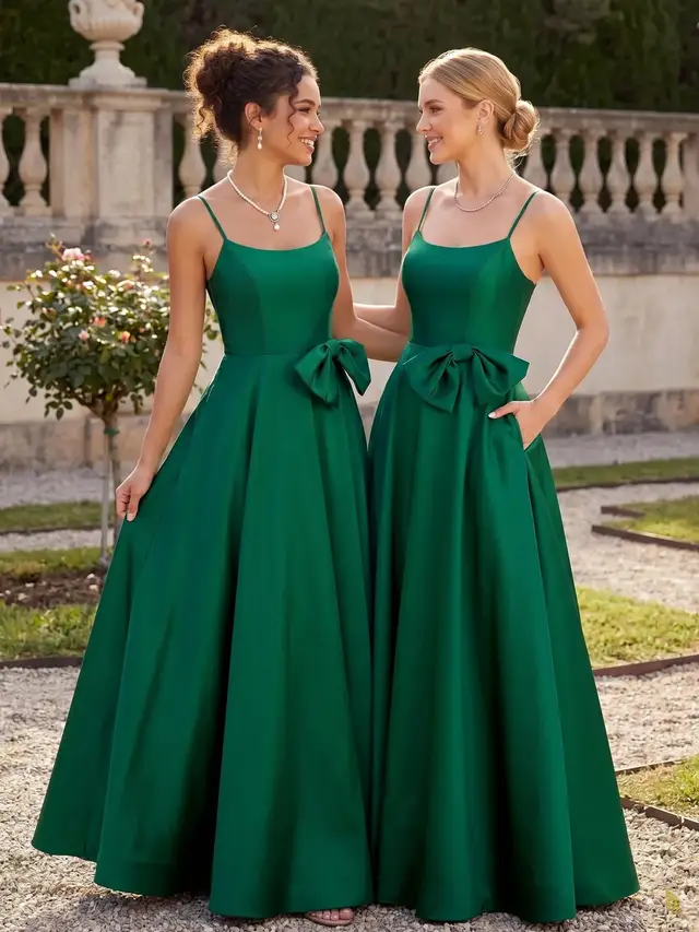 A-Line/Princess Square Neckline Satin Bridesmaid Dresses Sleeveless Floor-Length With Bow