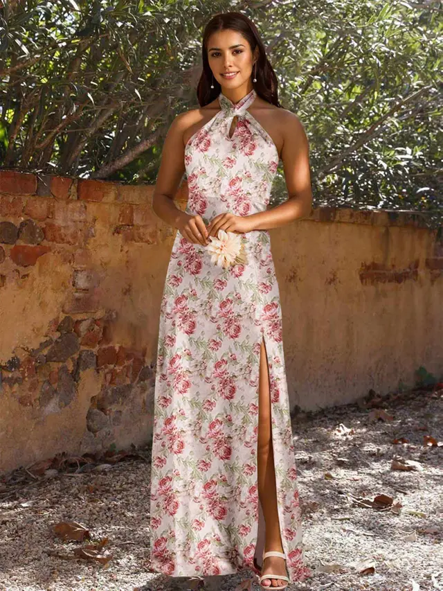 Sheath/Column Criss Cross Sleeveless Printed Floral Long Bridesmaid Dresses with Split Side