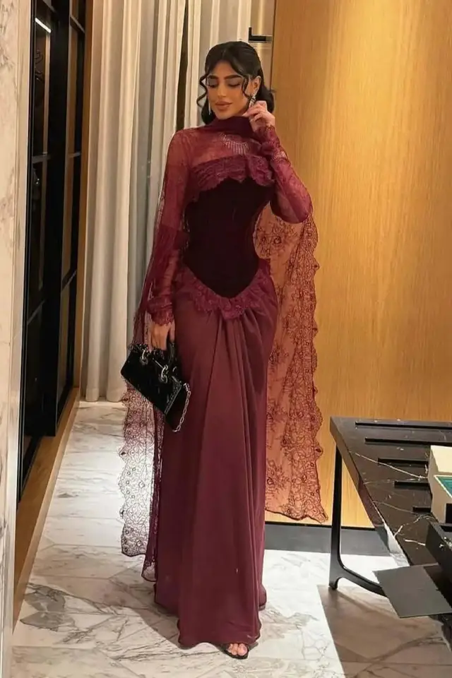 Women's High Neck Long Sleeve Satin Evening Gown for Formal Evening Events