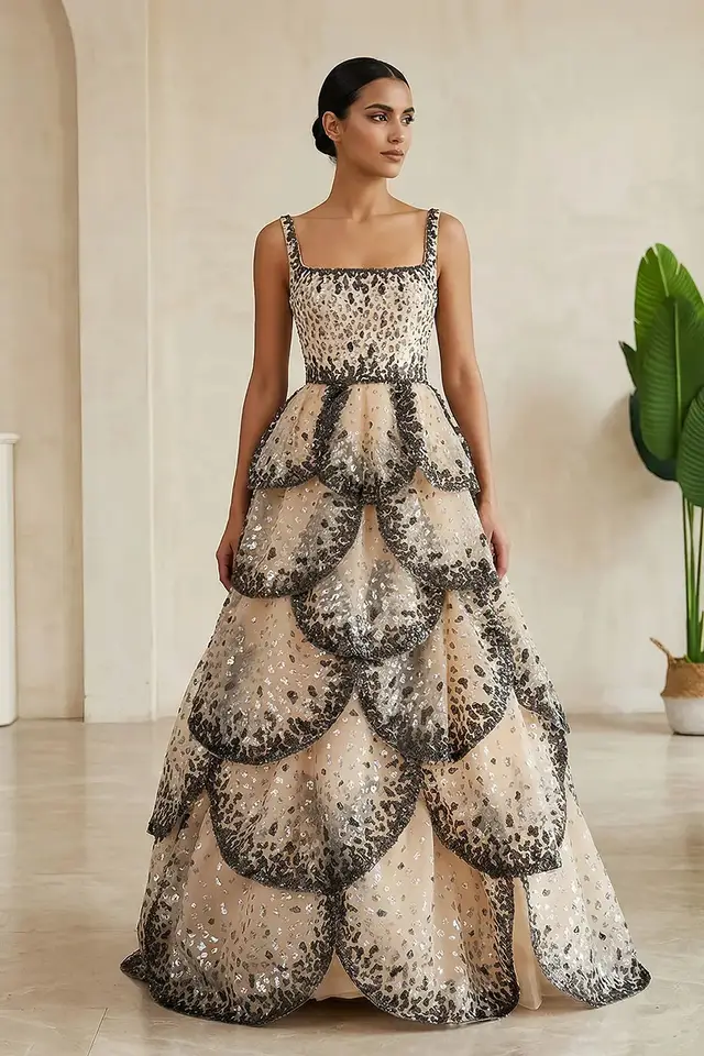 Women's Tulle Evening Gown with Tiered Skirt for Formal Evening Events — LV90226218