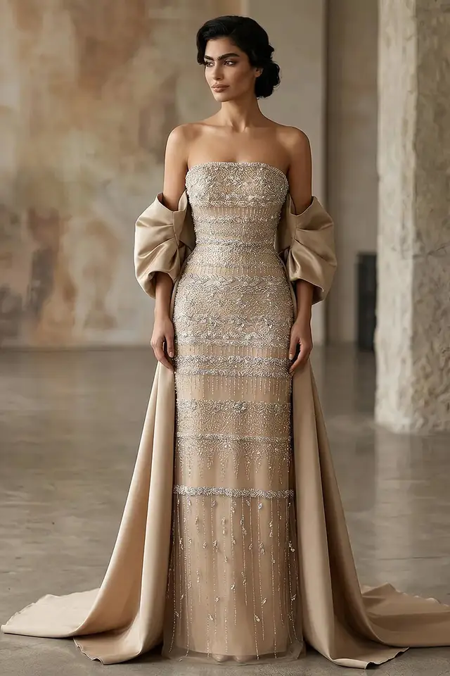Women's Strapless Satin Evening Gown with Cape Sleeves for Formal Evening Events