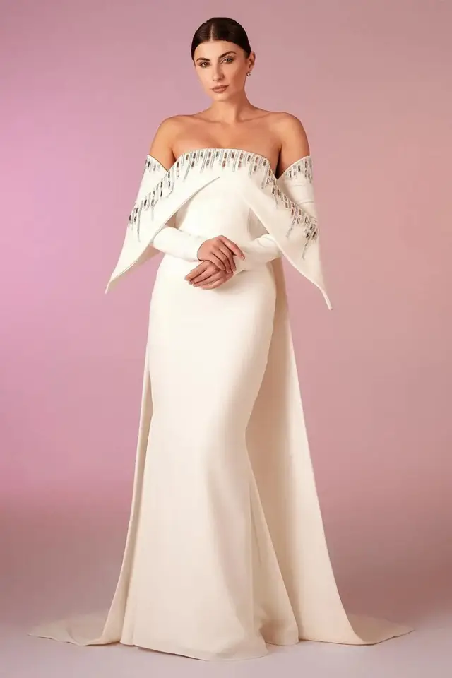 Sage — Off-the-Shoulder — Long Sleeve — Floor-Length — Evening Gown