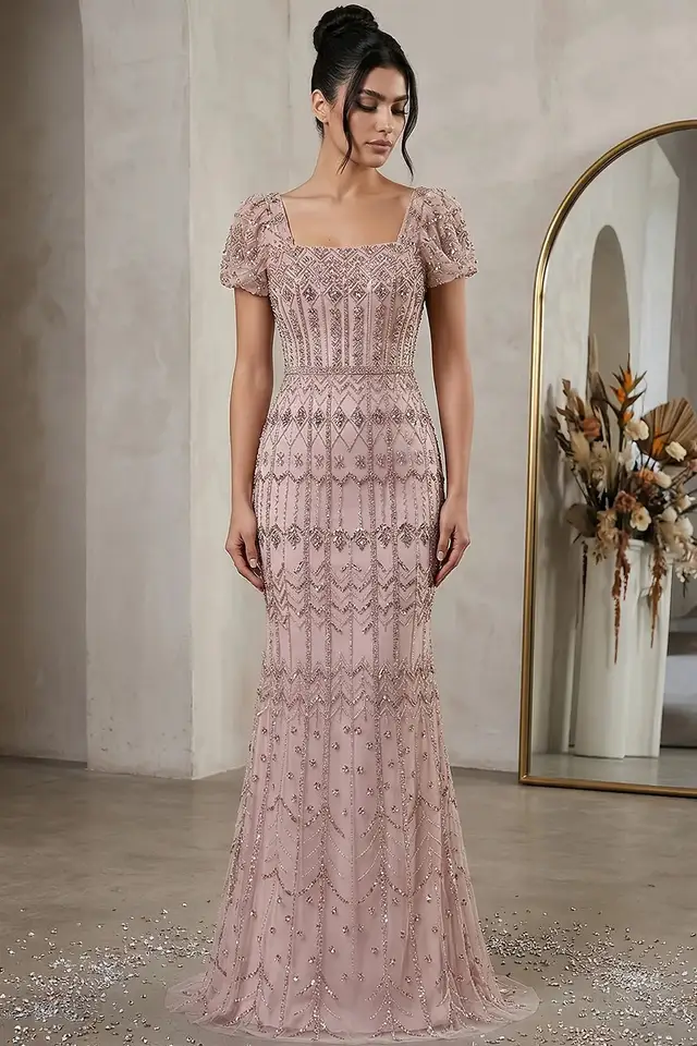 Women's Square Neck Short Sleeve Tulle Evening Gown with Beaded Embellishment Short Length for Formal Evening Events
