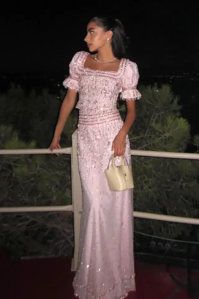 Women's Square Neck Puff Sleeve Sequined Evening Gown with Sequined for Formal Evening Events