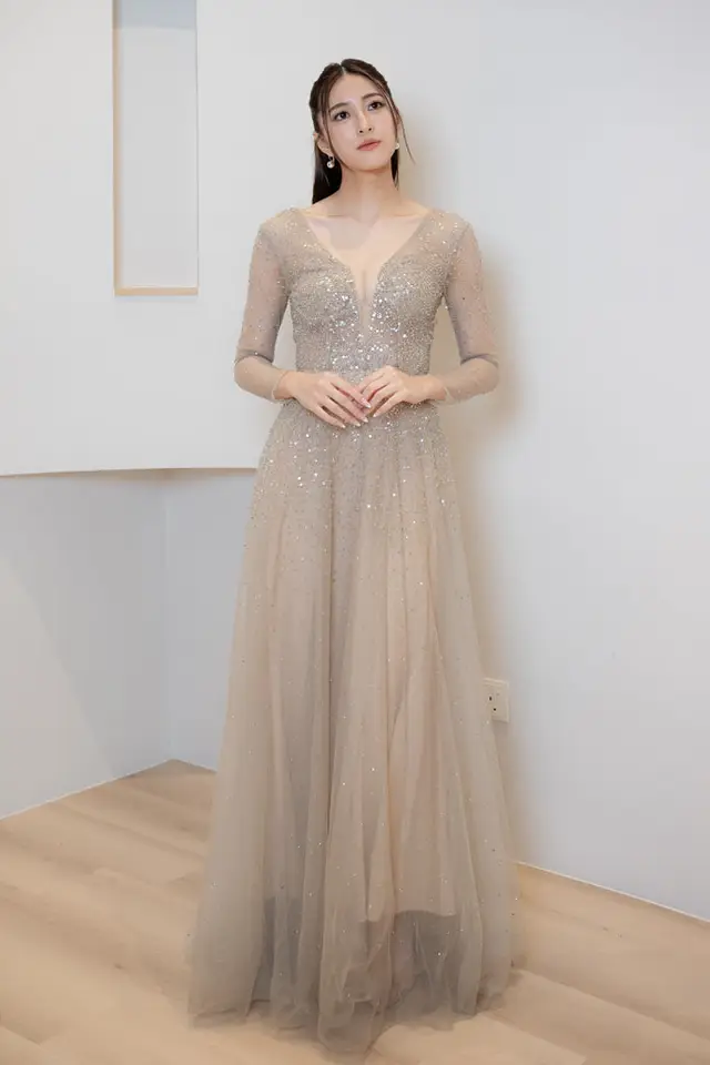 Women's Embroidery Long Sleeve Mother of Bride Gown for Formal Wedding