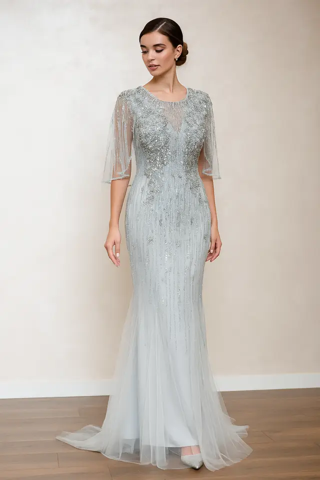 Women's Cape Silver Mother of Bride Gown for Formal Wedding — LV18369651