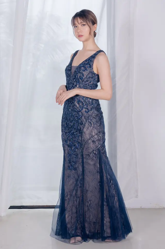 Women's Embroidered Navy Mother of Bride Gown for Formal Wedding