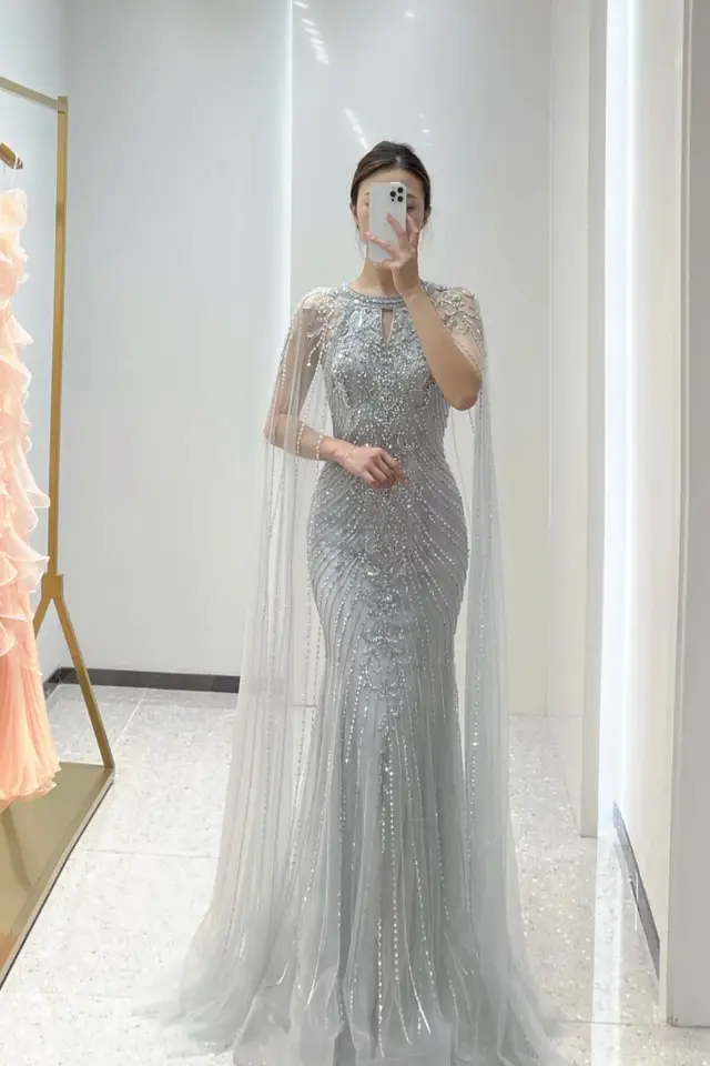Women's Cape Silver Mother of Bride Gown for Formal Wedding — LV80089203