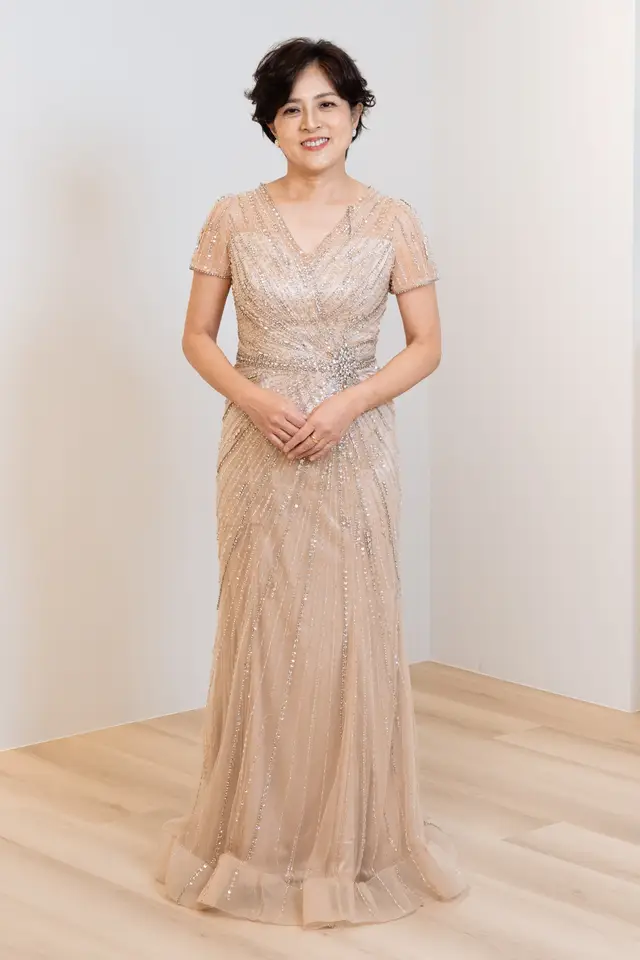 Women's Tiara Beaded Gold Mother of Bride Gown for Formal Wedding